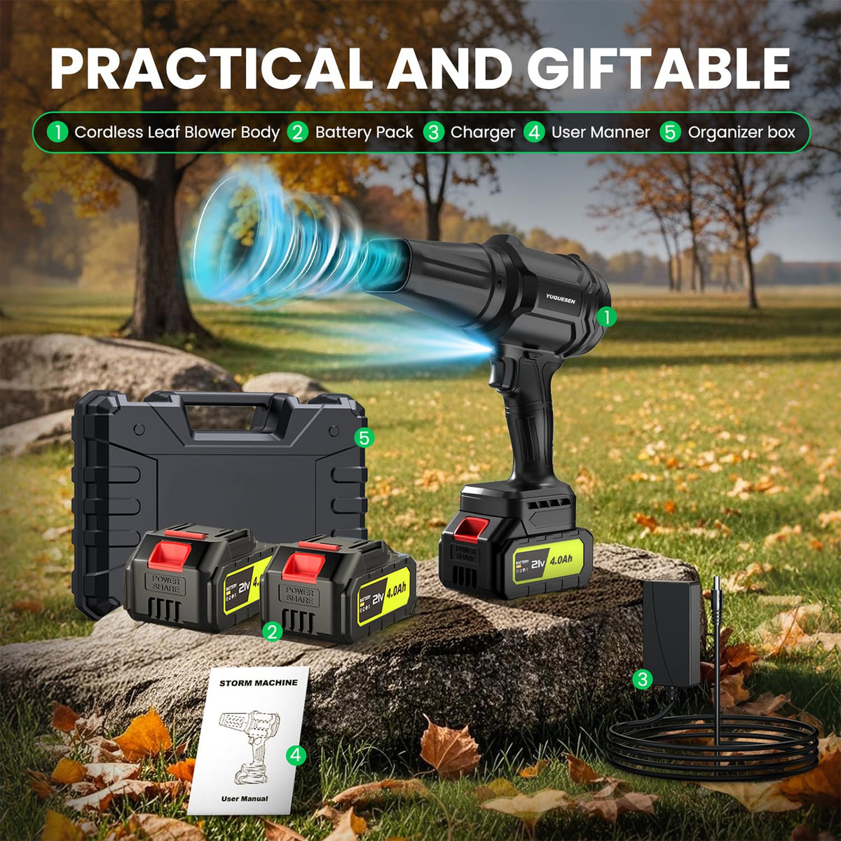 Cordless Leaf Blower, 980,000 RPM Handheld Leaf Blower with 2 X 4.0Ah Batteries & Charger, Lightweight Leaf Blowers for Patio Cleaning, Lawn Care, Leaves, Dust - Dark