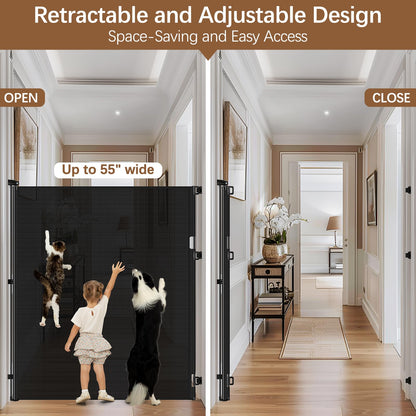 60 Inch Tall Retractable Baby Gates Tall Cat Gate for Stairs, 55" Wide Mesh Baby Gate Retractable Pet Gate for Cats, Outdoor Retractable Gate Indoor Tall Dog Gates for Doorways, No Jumping Over, Black