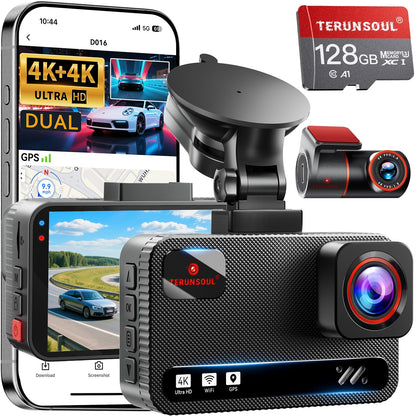 TERUNSOUl 4K+4K Dash Cam Front and Rear, Free 128GB Card Included, 5.8GHz WiFi Dash Camera for Cars, Built-in GPS, G-Sensor, 170°Wide Angle, 3" IPS Screen, 24H Parking Mode, Support 512GB Max