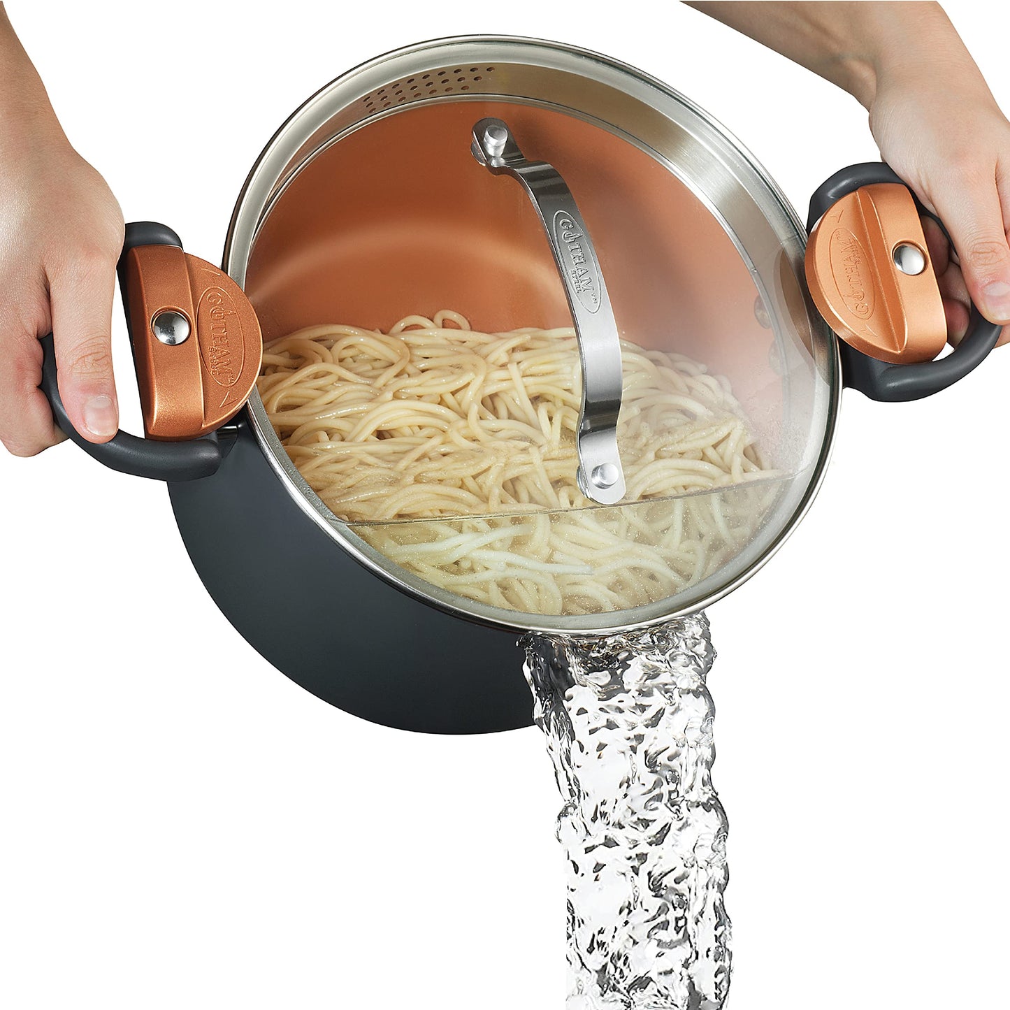 GOTHAM STEEL 5 Qt Ceramic Stock Pot Multipurpose Pasta Pot with Strainer Lid & Twist and Lock Handles, Nonstick Ceramic Pot for Soup, Spaghetti, Rice, Pots for Kitchen, Dishwasher Safe - Copper