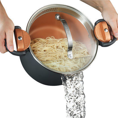 GOTHAM STEEL 5 Qt Ceramic Stock Pot Multipurpose Pasta Pot with Strainer Lid & Twist and Lock Handles, Nonstick Ceramic Pot for Soup, Spaghetti, Rice, Pots for Kitchen, Dishwasher Safe - Copper