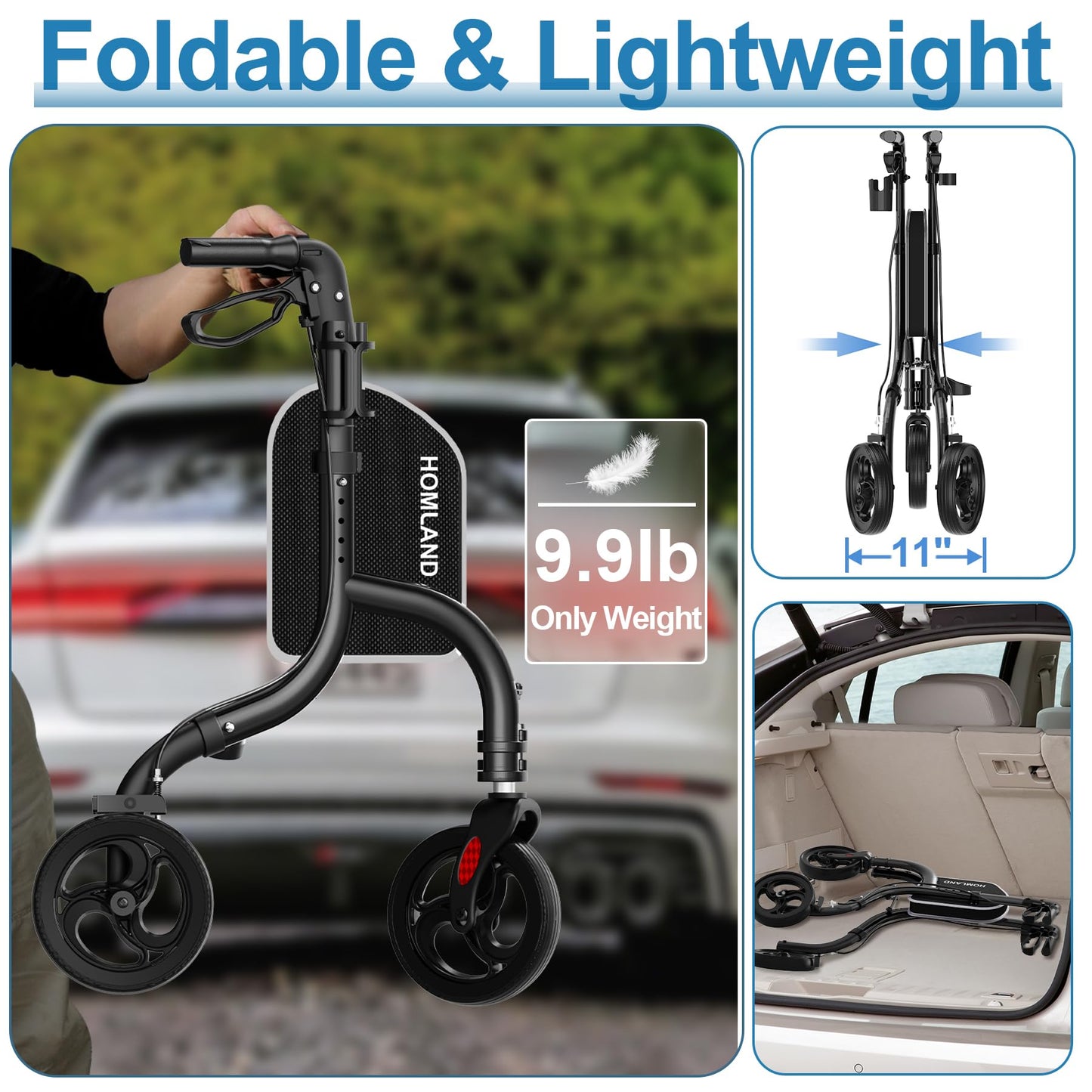 HOMLAND 3 Wheel Walkers for Seniors, FSA/HSA Eligible Foldable Wheeled Rollator with Cane Hold and Cup Hold, Lightweight Three Wheel Rolling Walker Height Adjustable for Seniors