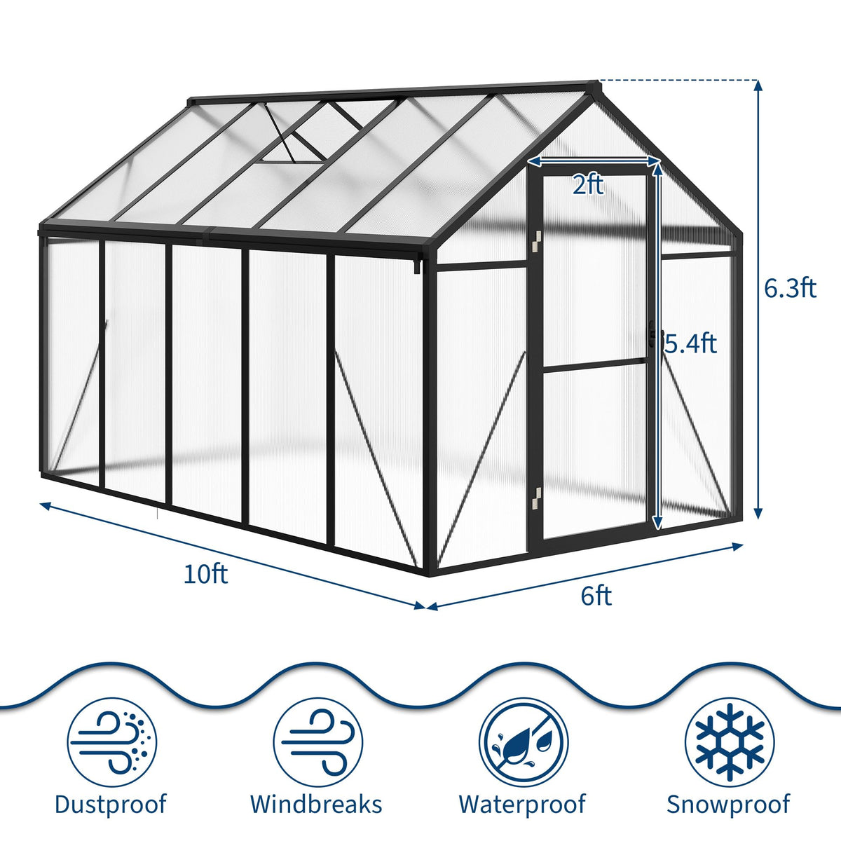 6 x 10 ft Greenhouse, Greenhouses for Outside, Polycarbonate Greenhouse with Aluminum Frame, Lockable Door and Ajustable Roof Vent for Backyard, Green Houses for Outside Garden Backyard, Patio