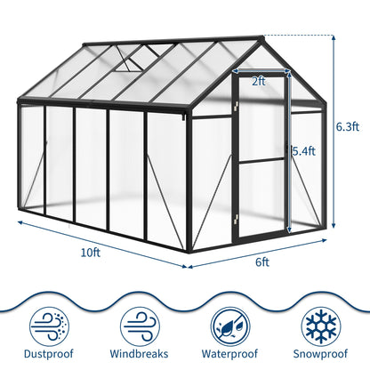 6 x 10 ft Greenhouse, Greenhouses for Outside, Polycarbonate Greenhouse with Aluminum Frame, Lockable Door and Ajustable Roof Vent for Backyard, Green Houses for Outside Garden Backyard, Patio