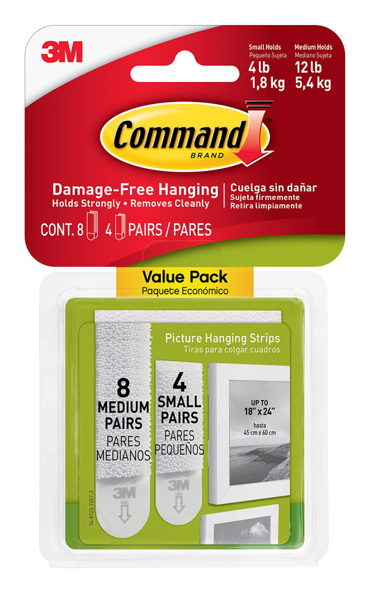 Command Picture Hanging Strips Variety Pack, Damage Free Hanging Picture Hangers, No Tools Wall Hanging Strips for Living Spaces, White, 16 Small Pairs and 32 Medium Pairs (96 Strips)