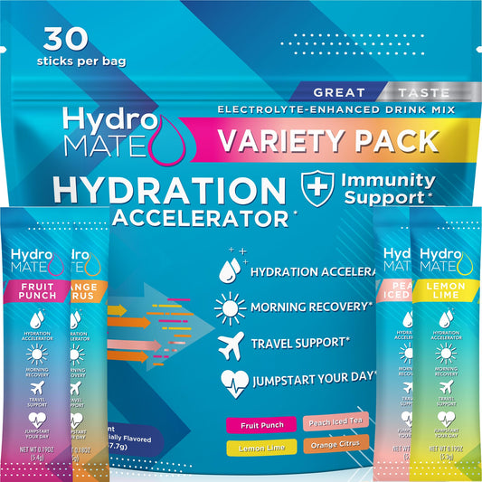 HydroMATE Electrolyte Powder Variety Pack Hydration Packets Low Sugar 30 Count
