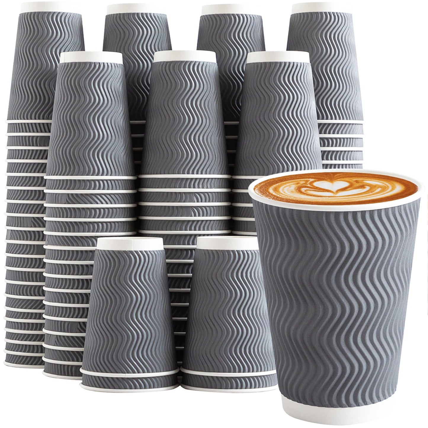 Clawsoff Coffee Cups 12 oz 120 Pack, Corrugated Insulated Ripple Wall Disposable Paper Coffee Cups 12oz, To Go for Hot Beverage or Cold Drinks Office/Home/Cafe/Party/Travel (Gray)