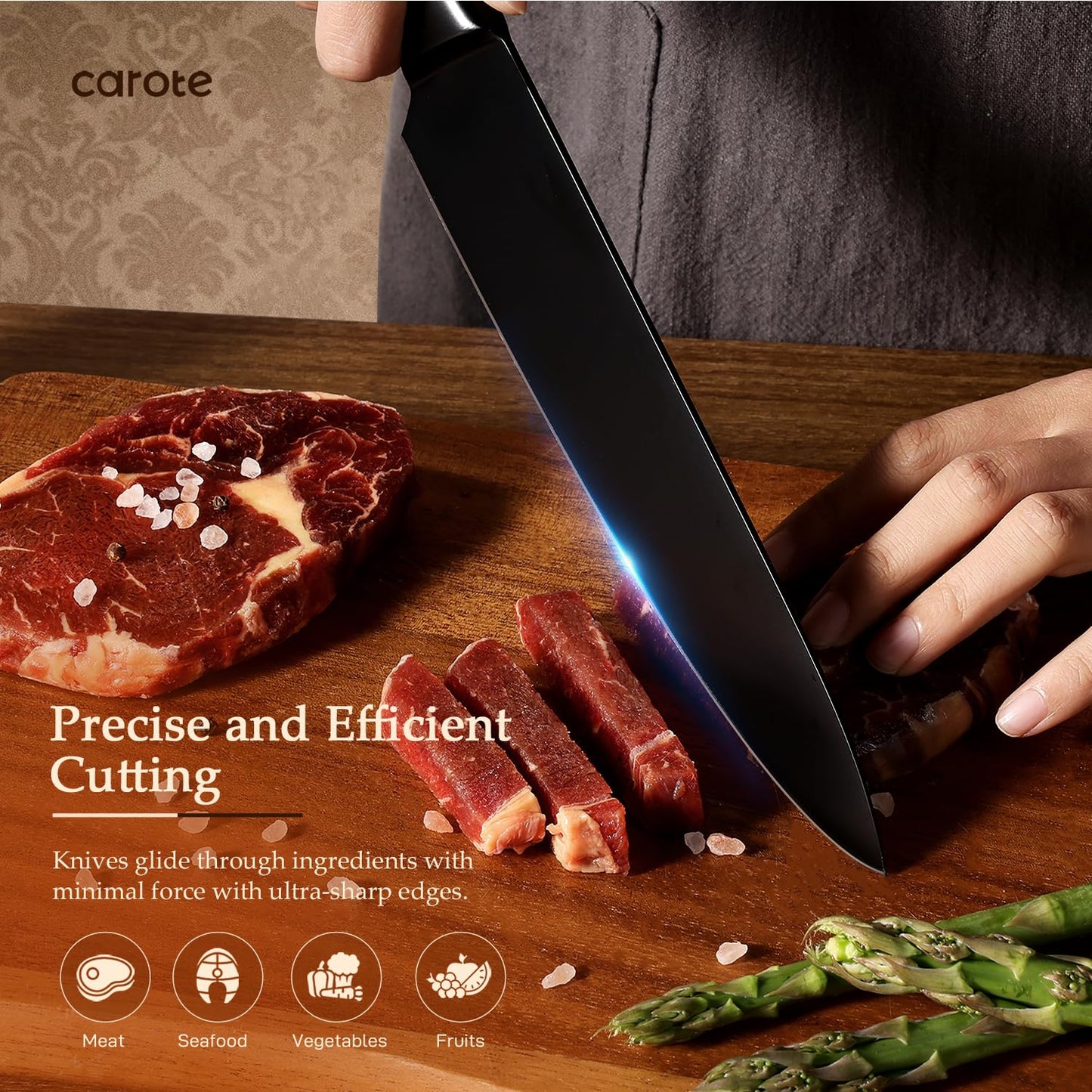 CAROTE 14Pcs Kitchen Knife Set, Dishwasher Safe knife set with Block and Sharpener, Stainless Steel Cutlery with Razor-Sharp Blades, 6 Steak Knives, Full-Black