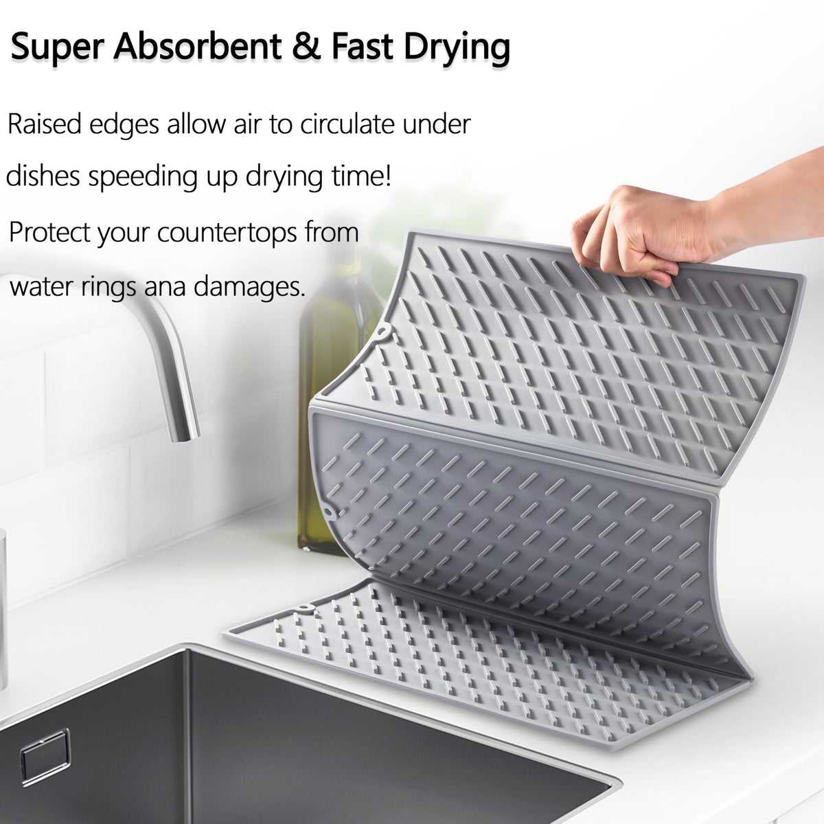 Silicone Dish Drying Mat,Collapsible Tri Fold Drainer Mat,Drying Pad With Hook-BPA Free,Durable Heat,24x16In Drying Mat for Kitchen Counter Easy to Clean(Grey)
