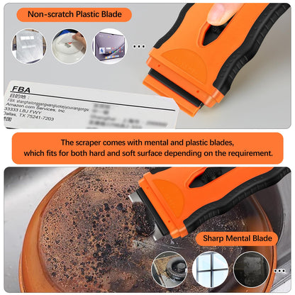 DEKEones Razor Blade Scraper, 2 Pack 2-in-1 Retractable Double-ended Razor Scraper Tool with 20PCS Plastic and Metal Razor Blades, Multi-Purpose Scraping Tool for Cleanning Cooktop, Oven (Orange）
