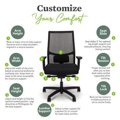 HON Ignition 2.0 Mid Back Task Chair, Advanced Synchro-Tilt Control, Office Chair with Lumbar Support, Height and Width Adjustable Arms, Black Frame, Black
