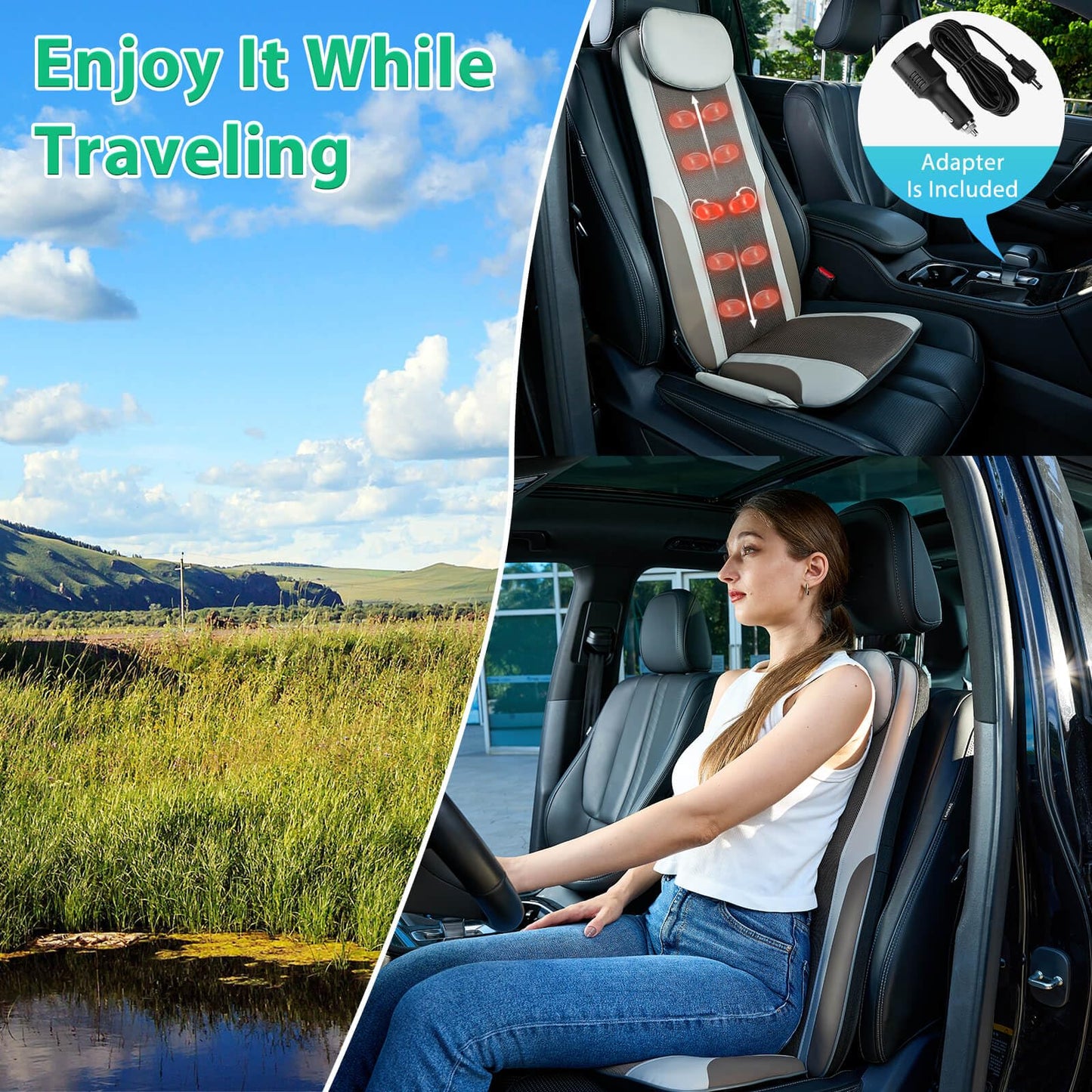 comrelax Shiatsu Back Massager with Heat, Massage Chair Pad Seat Cushion for Stress Relief, Deep Tissue Kneading & Roller, 2 Vibration Motors, Back Waist Hip Massager, PU Leather, with 2 Adapters