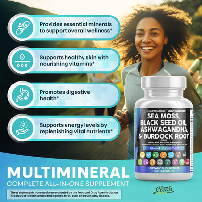 Clean Nutraceuticals Sea Moss Black Seed Oil Ashwagandha Turmeric Bladderwrack Burdock & Vitamin C Vitamin D3 with Elderberry Manuka Dandelion Yellow Dock Iodine Chlorophyll ACV