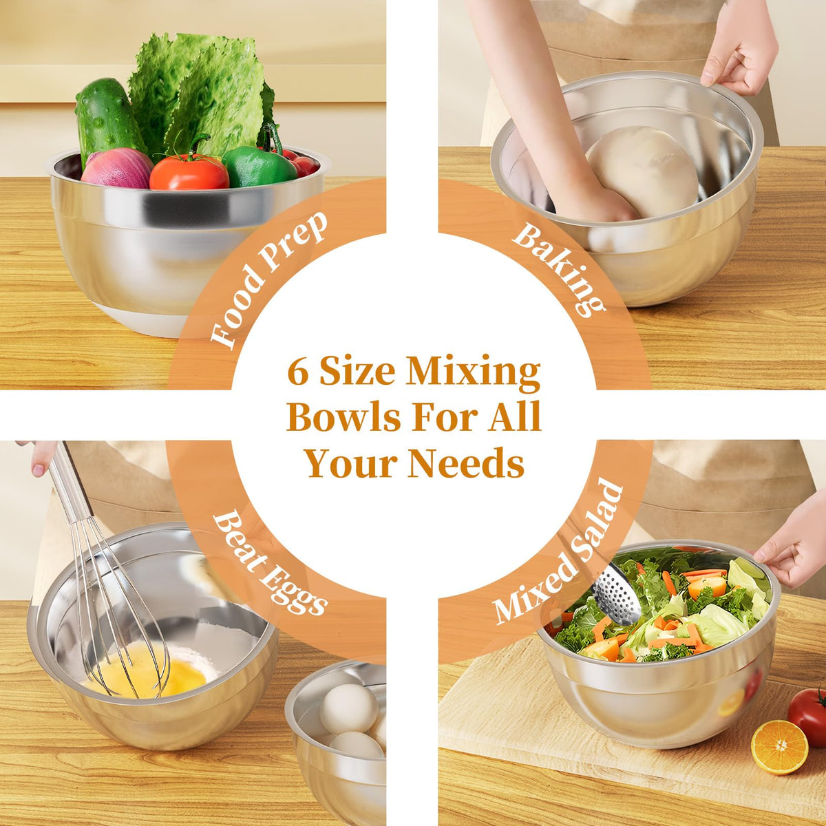Fyrnova Mixing Bowls with Lids Set, 6 Piece Stainless Steel Nesting Storage Bowls for Kitchen, with 3 Grater Attachments & Non-Slip Bottoms, Size 5.5,3.5,2.5,2.1,1.5,1.1 QT