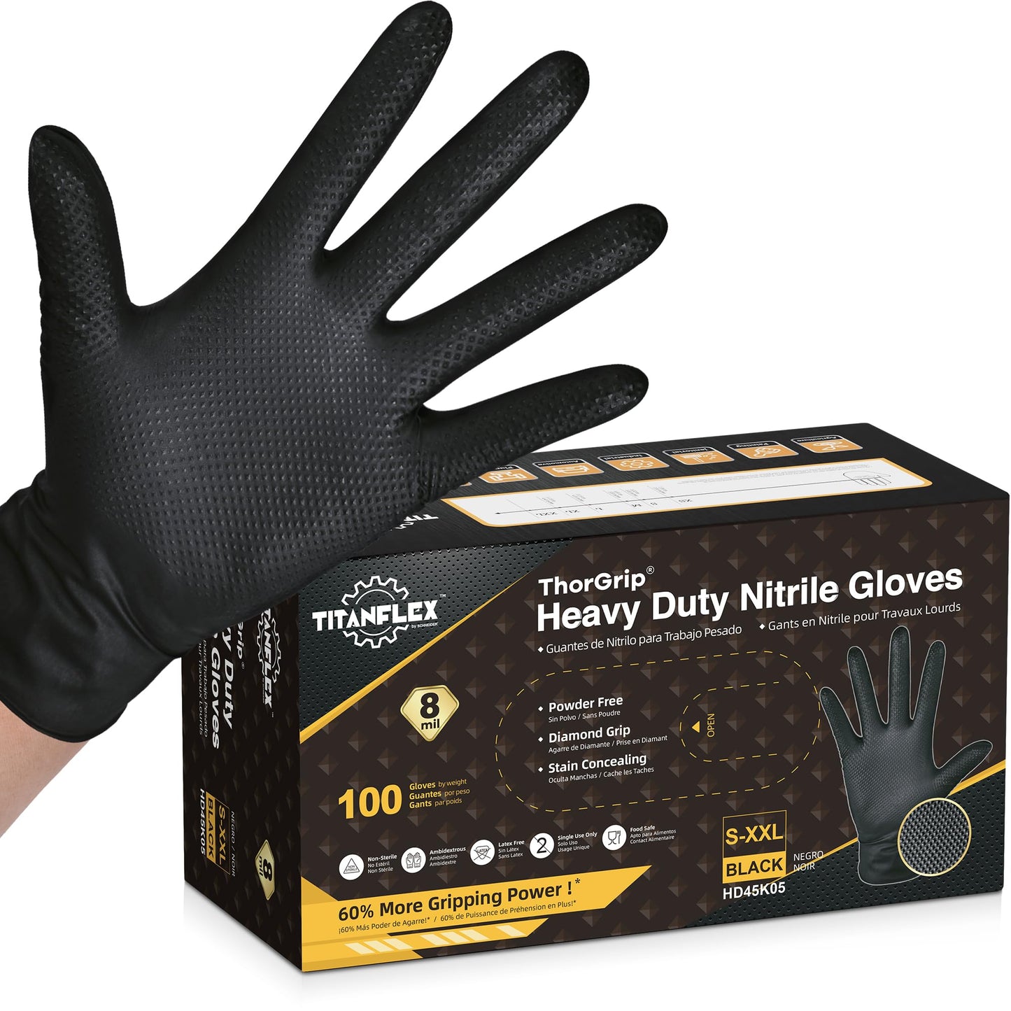 TitanFlex 8-mil Premium Nitrile Gloves, Black, Medium, Unisex, Protective Glove
