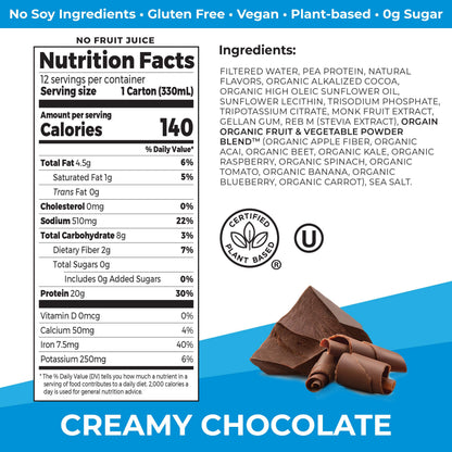 Orgain Organic Vegan Protein Shake, Creamy Chocolate - 20g Plant Based Protein, Ready to Drink, Fruits & Vegetables, Gluten Free, Kosher, No Soy or Dairy Ingredients, 11 Fl Oz (Pack of 12)