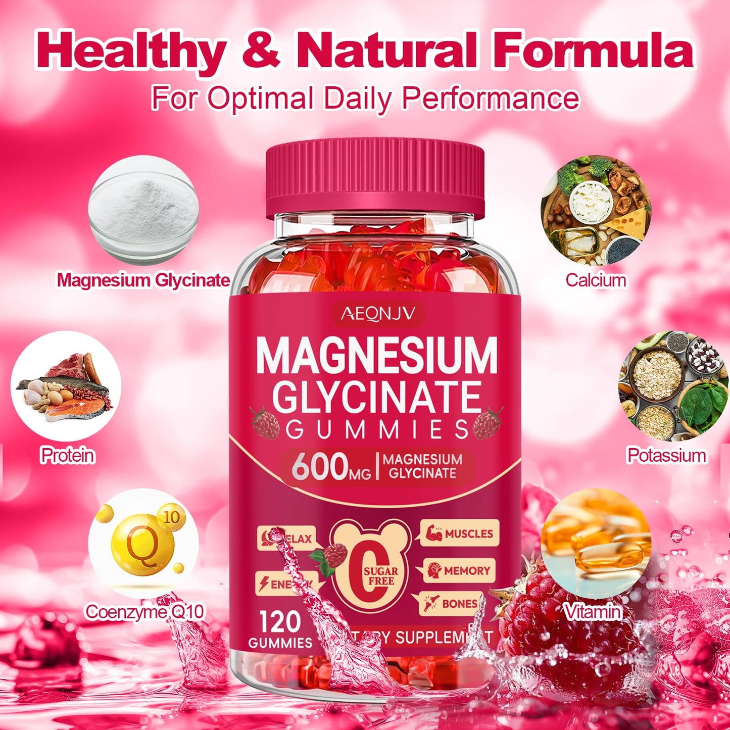 Magnesium Glycinate Gummies 600mg, Sugar Free Magnesium Gummies for Adults with L-Threonate, Chewable Potassium Supplements for Body Support, Zzz and Relaxation, 120 Count