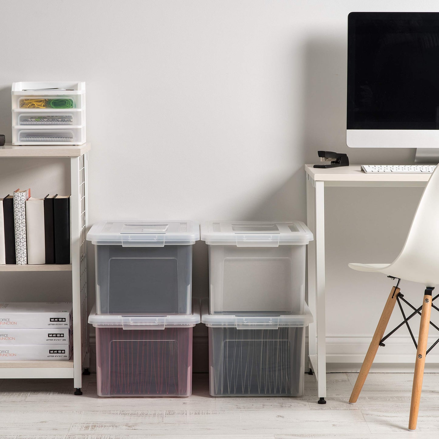 IRIS USA File Box, Plastic File Organizer with Lids for Letter/Legal File, Portable Document Box For Moving, Storage Bin with Durable and Secure Lid, Stackable Nestable BPA-Free, Clear 35 Qt. 4 Pack