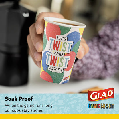 Glad Game Night Twister Disposable Paper Cups - Heavy Duty Drinking Cup for Kids & Adults, Classic Board Games Fun - 12 oz, 20 Count