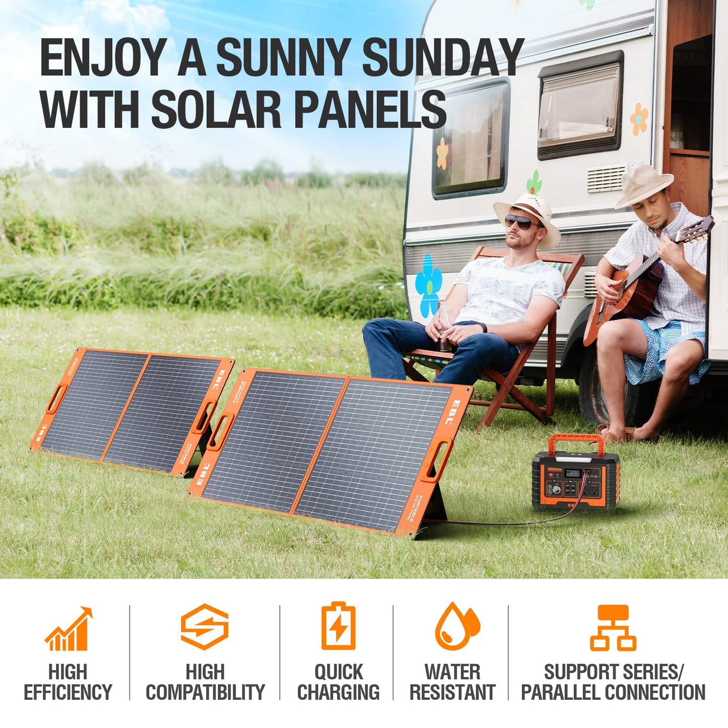 EBL Solar Panel 100W Portable Solar Panel (Upgraded) for 240/300/500/1000/1500/2000 Power Station, with Adjustable Kickstand and Parallel Cable, Waterproof IP65 for Outdoor Camping Hiking RV Trip