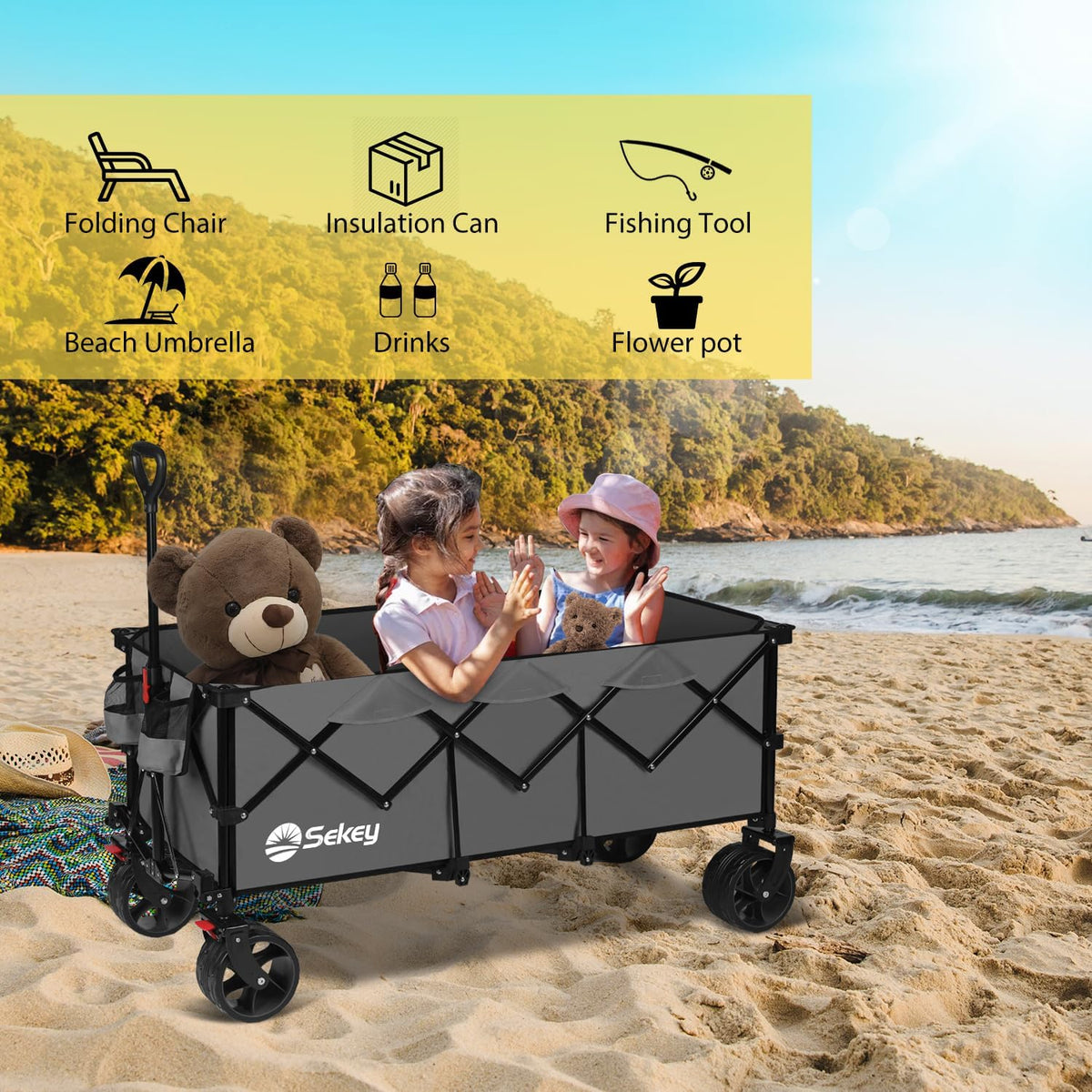 Sekey 48''L Collapsible Foldable Extended Wagon with 440lbs Weight Capacity, Heavy Duty 300L Folding Utility Garden Cart with Big All-Terrain Beach Wheels & Drink Holders. Grey