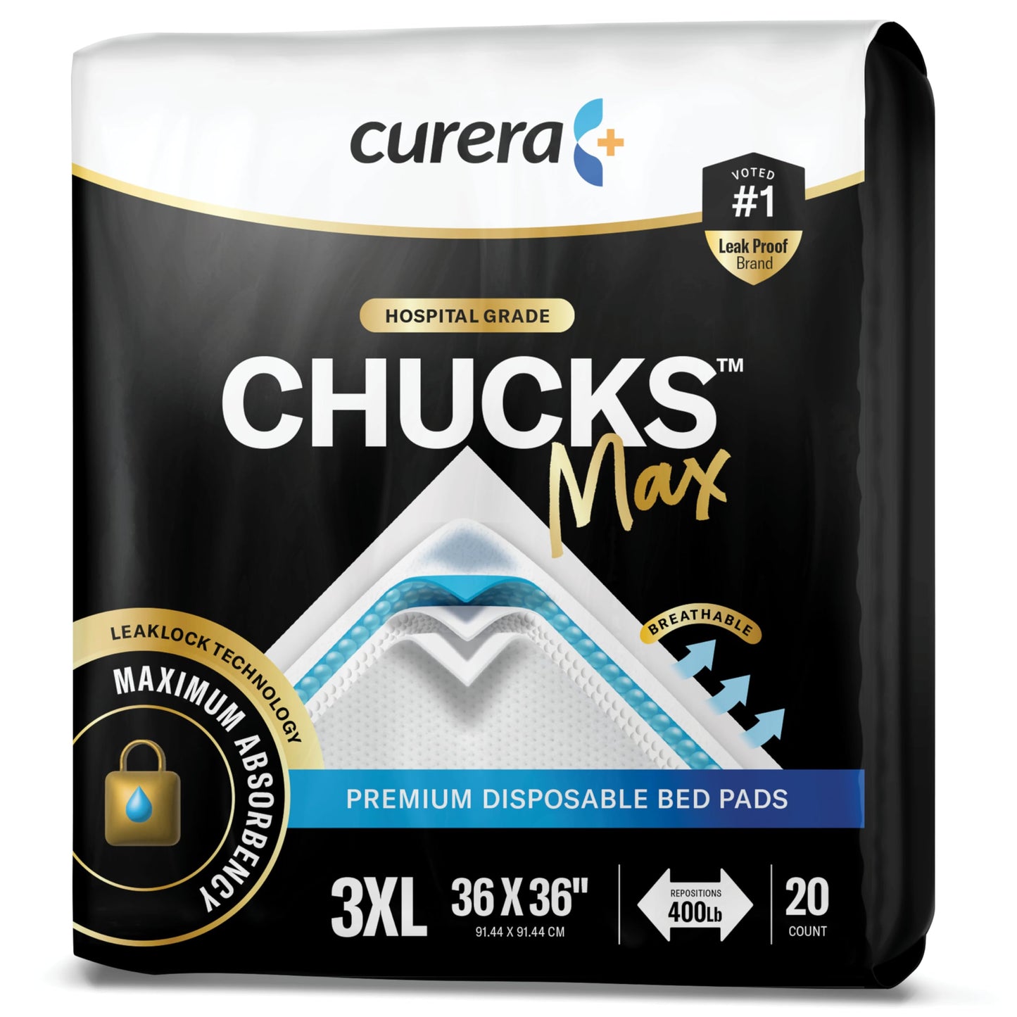 Curera CHUCKS MAX Adult Disposable Bed Pads 3XL (36 x 36"), 400 Lbs. 20 Pads, Package May Vary