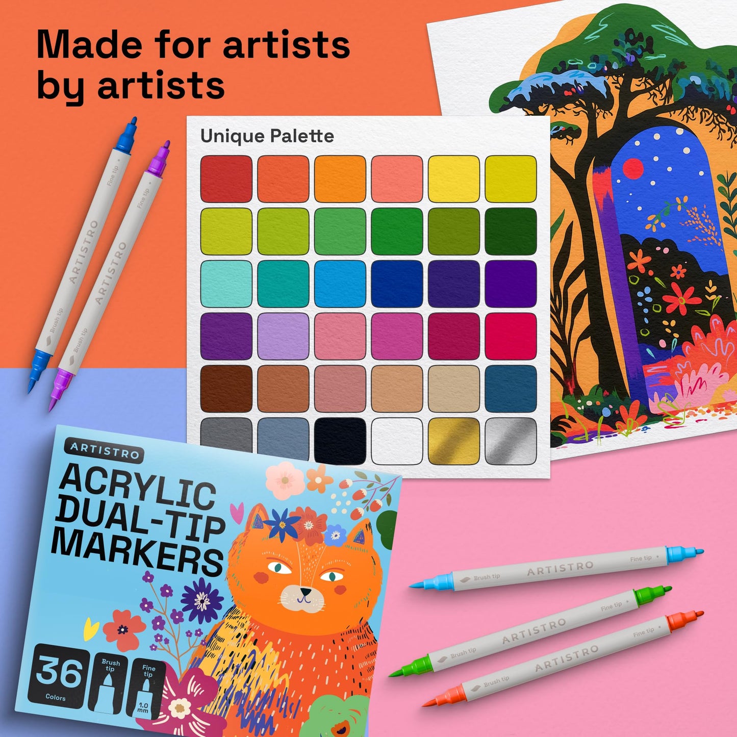 ARTISTRO 36 Acrylic Paint Markers - Paint Pens Dual Tip Brush + Fine Ideal for Calligraphy - Perfect for Fabric, Rock, Glass, Wood, DIY - Art Supplies, Stocking Stuffers, Christmas Gift Idea