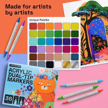ARTISTRO 36 Acrylic Paint Markers - Paint Pens Dual Tip Brush + Fine Ideal for Calligraphy - Perfect for Fabric, Rock, Glass, Wood, DIY - Art Supplies, Stocking Stuffers, Christmas Gift Idea