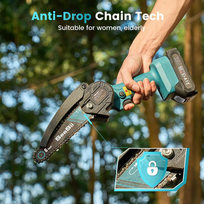 Seesii Mini Chainsaw Cordless 6-inch, Handheld Electric Power Chain Saw with 2 Batteries, for Tree Trimming Wood Cutting, Best Gifts for Dad, Husband