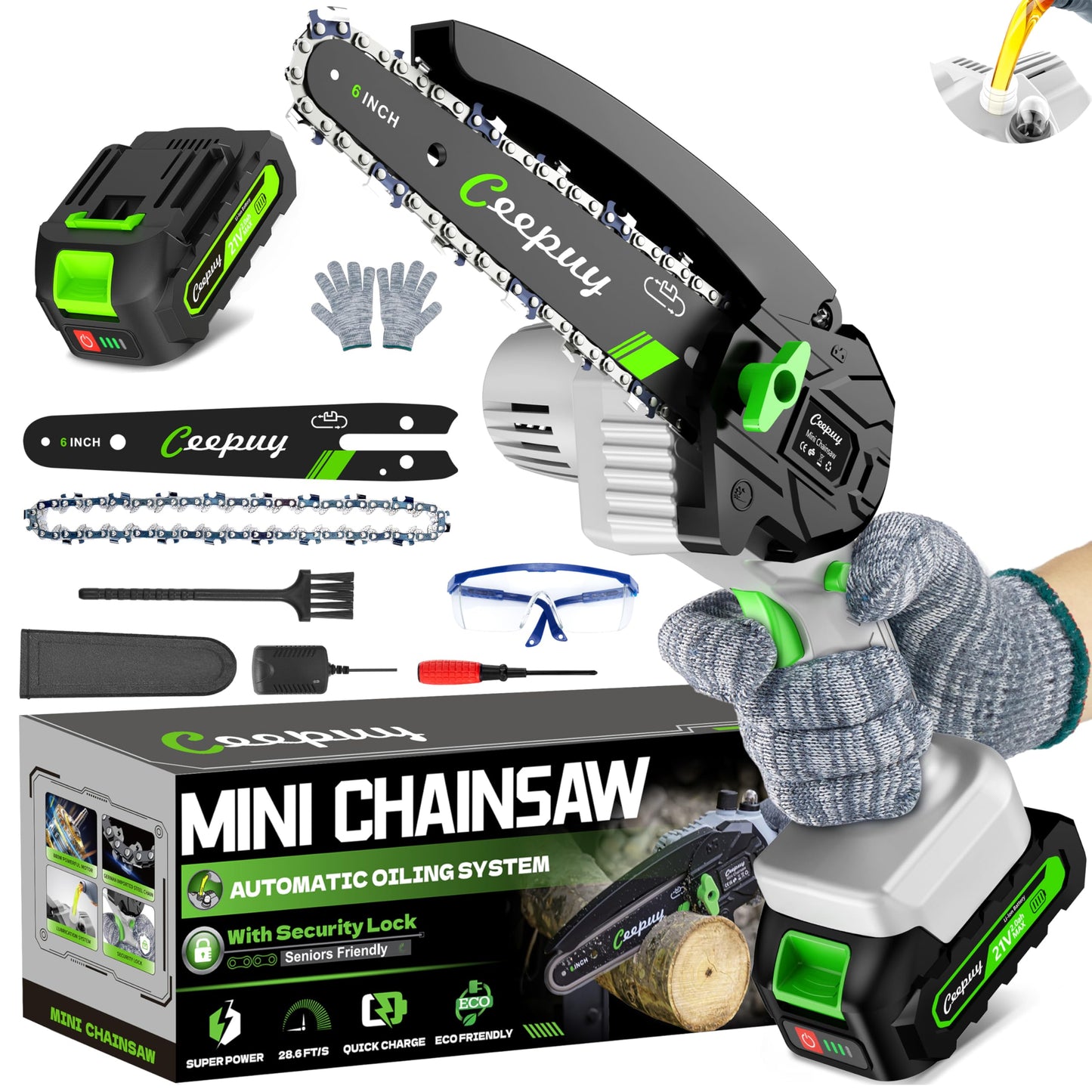 CEEPUY Mini Chainsaw Cordless,[2025 Upgraded] 6 Inch Portable Electric Chain Saw w/Automatic Oiler/Battery Powered Small Handheld Saw w/Security Lock Trees Branches Trimming,Wood Cutting.