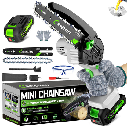 CEEPUY Mini Chainsaw Cordless,[2025 Upgraded] 6 Inch Portable Electric Chain Saw w/Automatic Oiler/Battery Powered Small Handheld Saw w/Security Lock Trees Branches Trimming,Wood Cutting.