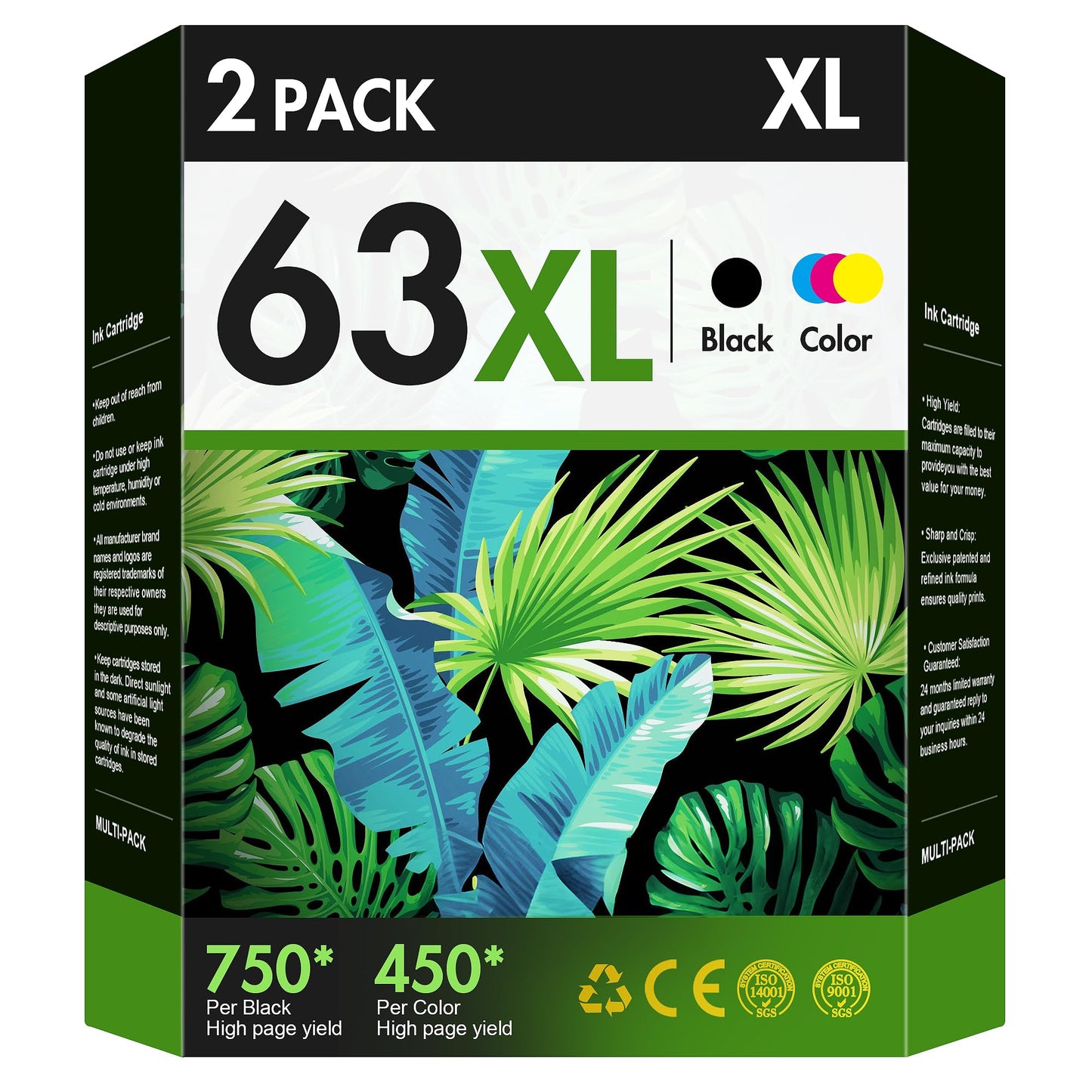 63XL Ink Cartridges Black and Color Replacement for HP Ink 63 63XL HP63 Work for DeskJet 1112, 2130, 3630 Series, Envy 4510 4520, OfficeJet 3830 4650 5200 Printer F6U63A F6U64A (2 Pack) High Yield
