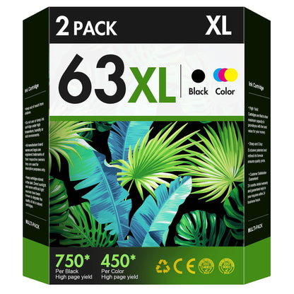 63XL Ink Cartridges Black and Color Replacement for HP Ink 63 63XL HP63 Work for DeskJet 1112, 2130, 3630 Series, Envy 4510 4520, OfficeJet 3830 4650 5200 Printer F6U63A F6U64A (2 Pack) High Yield