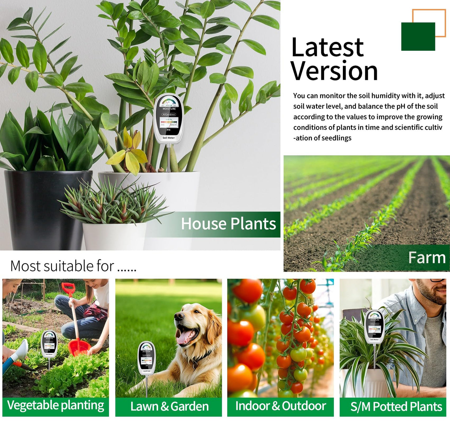 AiGerdinn Soil Test Kit, 2-in-1 Soil Moisture Meter, Soil pH Meter -Dual Dial-Simultaneously-Display Results-Soil pH Tester, Moisture Meter for Garden,Lawn,Farm Indoor&Outdoor Plants-PureWhite