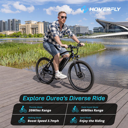HOVERFLY OUREA 26" Electric Bike for Adults, 750W Peak Motor Mountain Ebike, 20MPH Up to 40 Miles, UL2849 Certified, 7-Speed, Removable Battery, Shock Absorber, Fat Tire Commuter E-Bike