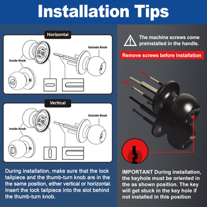 BESTTEN Keyed Entry Door Knob, Entrance Door Lock, Standard Ball, All Metal, Matte Black