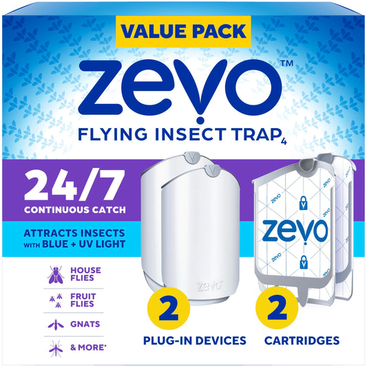 Zevo 2 Flying Insect Traps & 2 Cartridges - Plug In Fly Trap & Indoor Bug Catcher for Gnats, House & Fruit Flies - Mess-Free - Use in Any Room - Uses Blue & UV Light (2 Plug In Devices & 2 Cartridges)