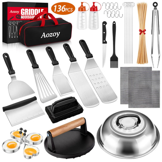 Griddle Accessories Kit - 136PCS Flat Top Grill Accessories for Blackstone and Camp Chef Metal Spatula Tools Set with Burger Press Scraper Tongs Carry Bag for Outdoor Grilling BBQ Cooking