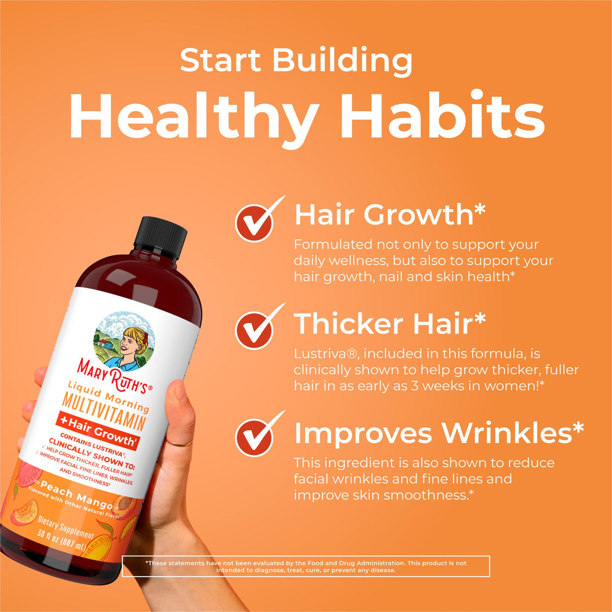 MaryRuth's Liquid Multivitamin + Hair Growth | Clinically Tested for Thicker Hair & Facial Wrinkles in Women | Biotin 10000mcg | Lustriva Hair Growth Supplements | Skin Care | Ages 18+ | 30 Fl Oz
