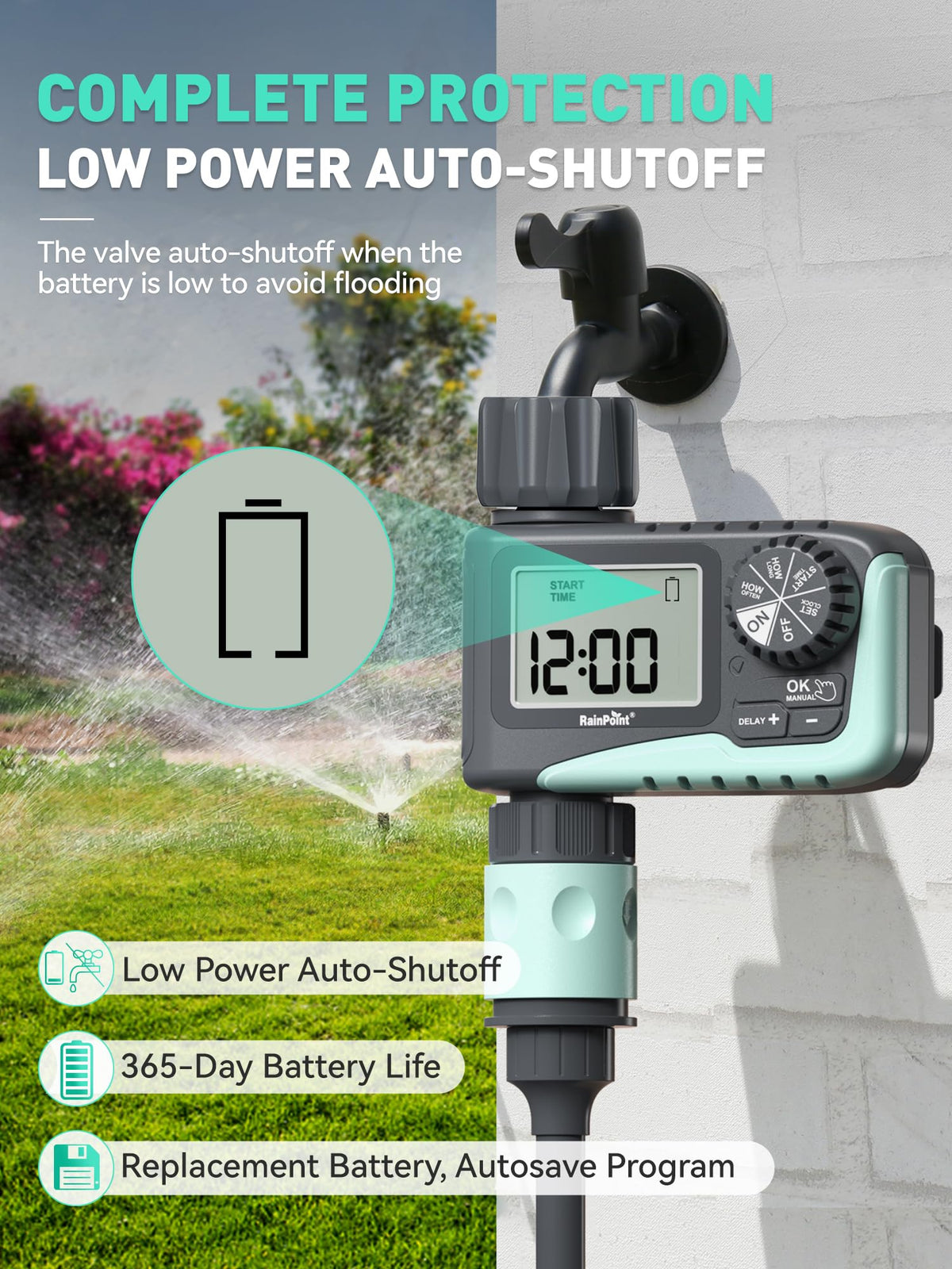 RAINPOINT Sprinkler Timer, Programmable Water Timer for Garden Hose, Outdoor Soaker Hose Timer with Rain Delay/Manual/Automatic Watering System, Digital Irrigation Timer for Yard, Lawn, 1 Outlet