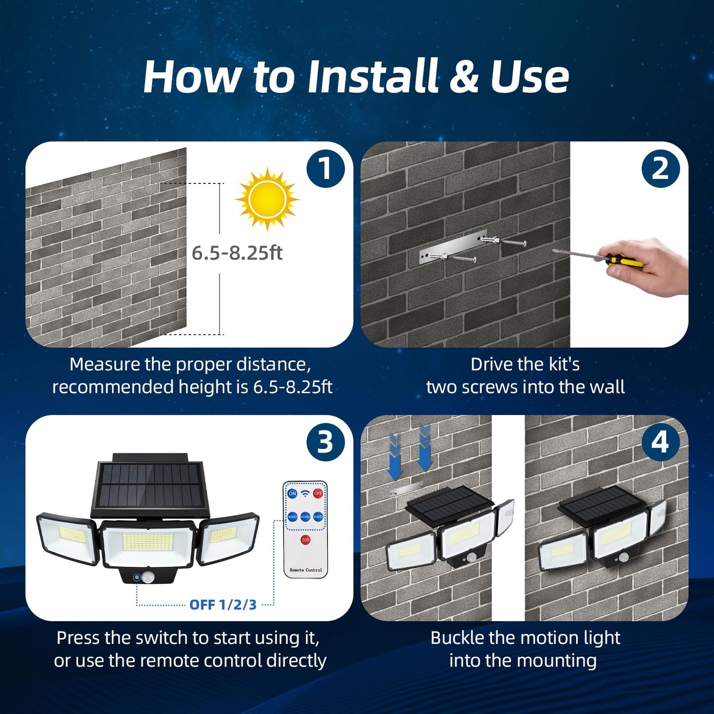 Solar Outdoor Lights with Remote Control, Motion Sensor, 3 Modes, 3 Heads LED Security Lights, IP65 Waterproof, Wide Angle