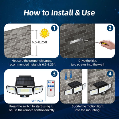 Solar Outdoor Lights with Remote Control, Motion Sensor, 3 Modes, 3 Heads LED Security Lights, IP65 Waterproof, Wide Angle