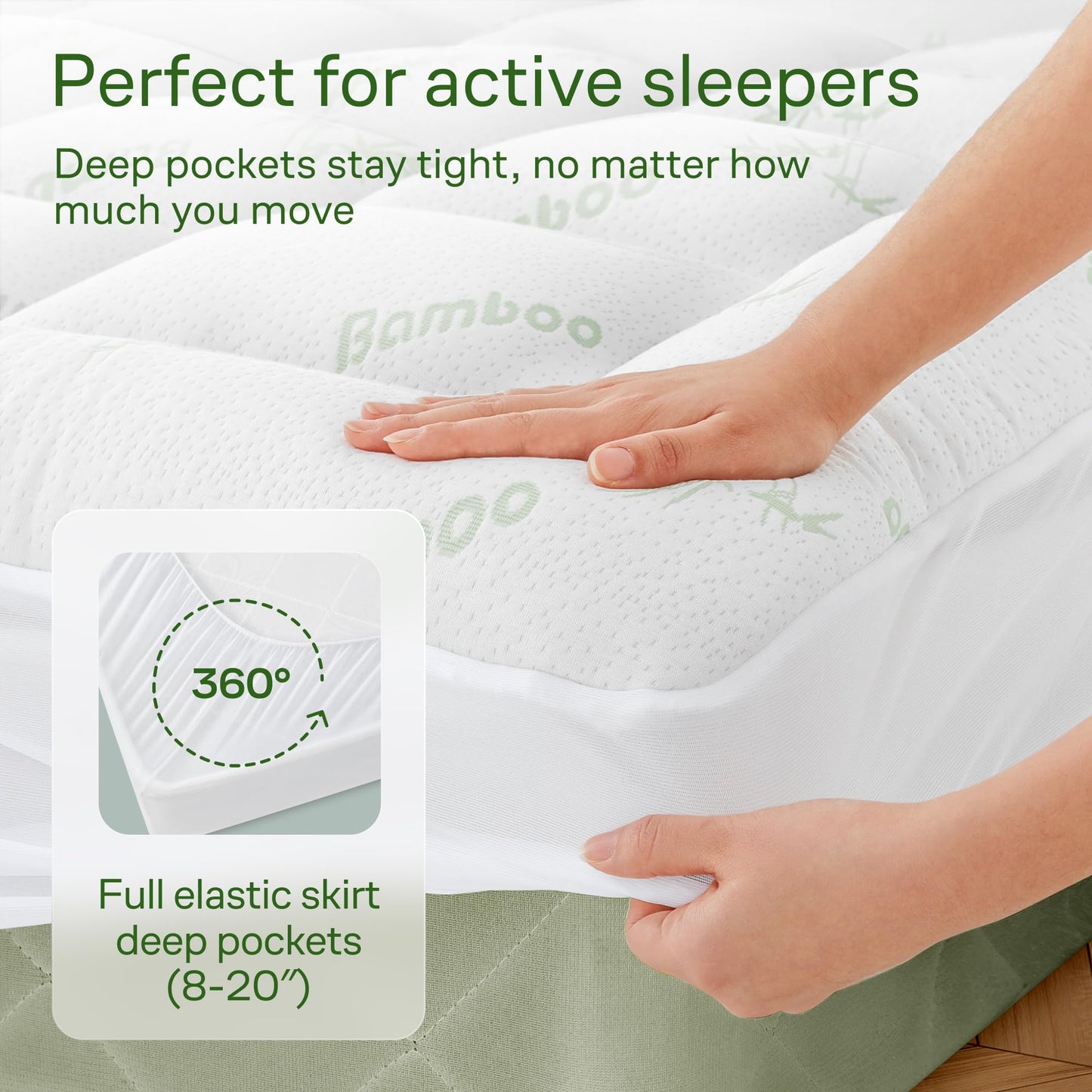Ultra Soft Queen Size Mattress Topper - Viscose Made from Bamboo Pillow Top Mattress Pad for Back Pain Relief - Naturally Cooling for Hot Sleepers, Green