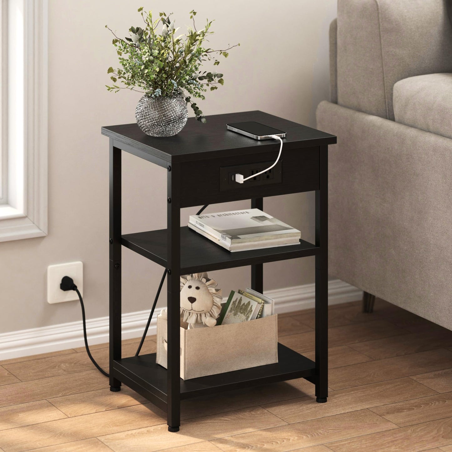 CALERTAIN End Tables with Charging Station USB Ports, 3 Tier Tall Night Stand with Storage Shelves,Narrow Side Table for Small Space Living Room Bedroom Office, Record Player Stand, Black