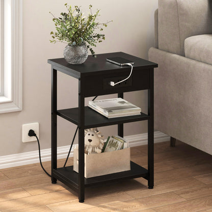 CALERTAIN End Tables with Charging Station USB Ports, 3 Tier Tall Night Stand with Storage Shelves,Narrow Side Table for Small Space Living Room Bedroom Office, Record Player Stand, Black
