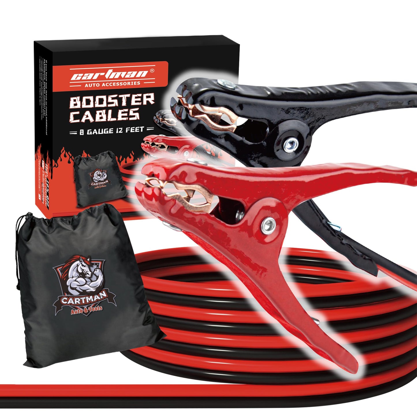 Cartman 8 Gauge 12 Feet Jumper Cable Heavy Duty Booster Cables with Carry Bag
