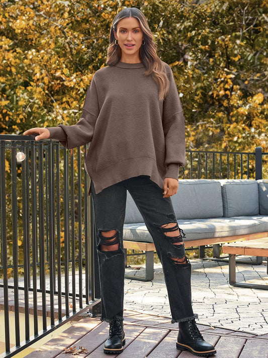 LILLUSORY Oversized Sweaters for Women 2025 Fall Fashion Outfits Trendy Crewneck Knit Cute Lightweight Sweater Pullover Tops Long Sleeve Shirts Winter Clothes Nutmeg L