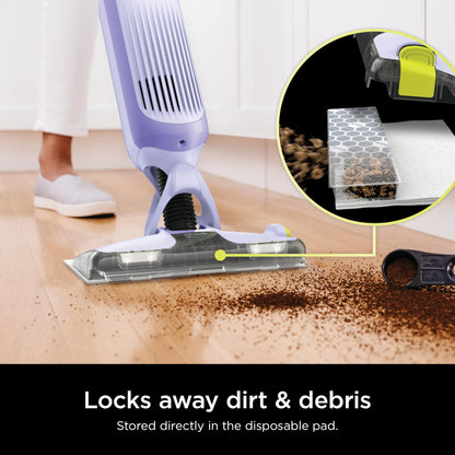 Shark VACMOP Cordless Hard Floor Cleaner, Vacuum and Spray Mop, Powerful Suction, Lightweight, LED Headlights, Includes 4 Disposable Pads, 12oz Multi-surface Cleaning Solution, Lavender, VM252PL