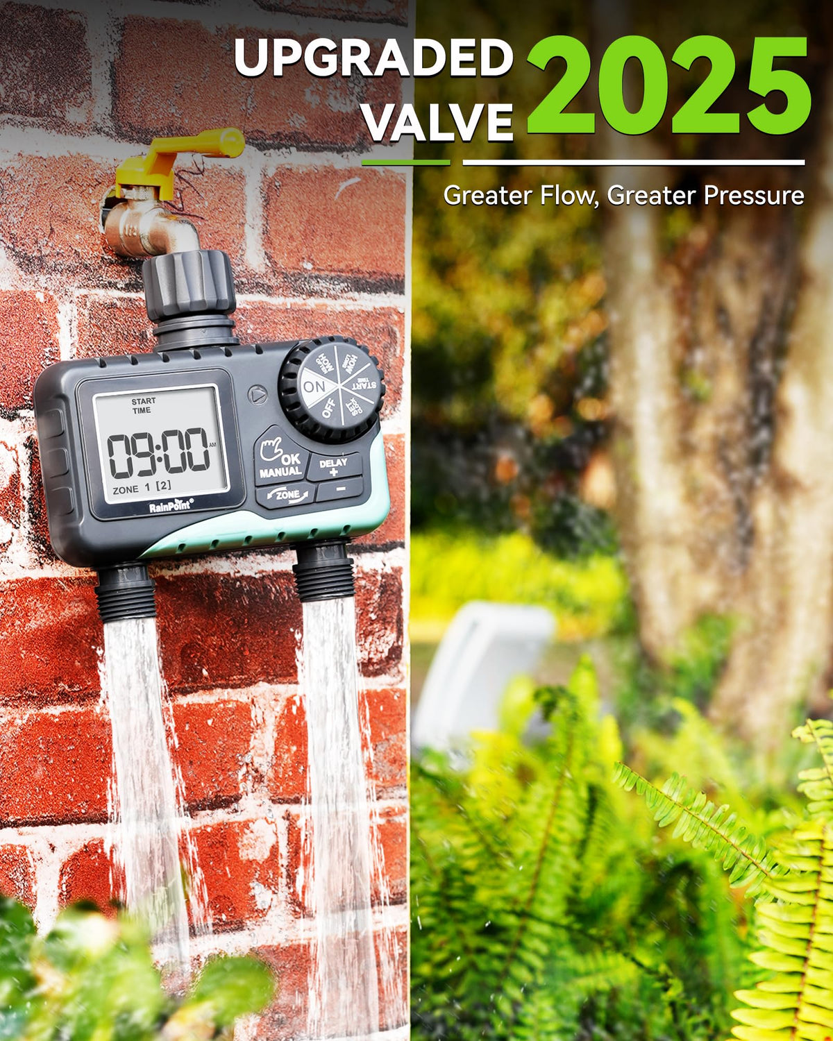 RAINPOINT 2 Zone Water Timer for Garden Hose - Sprinkler With Rain Delay, Manual Watering, Automatic Irrigation Controller System - Programmable Faucet Timer for Yard Lawn