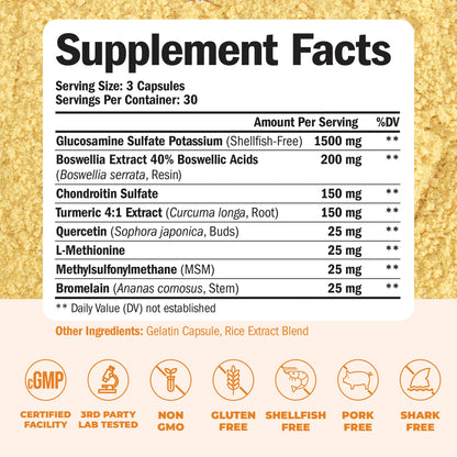Glucosamine Chondroitin MSM and Turmeric Supplement - Joint Support Supplement for Women & Men with Boswellia & Glucosamine Sulfate 1500 mg. Used for Cartilage & Joint Health & Flexibility 90 Capsules